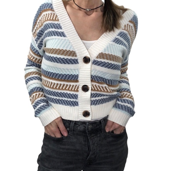 SO Oversized Cardigan Cropped Button XS Striped Cableknit Multicolor Casual - Picture 2 of 7